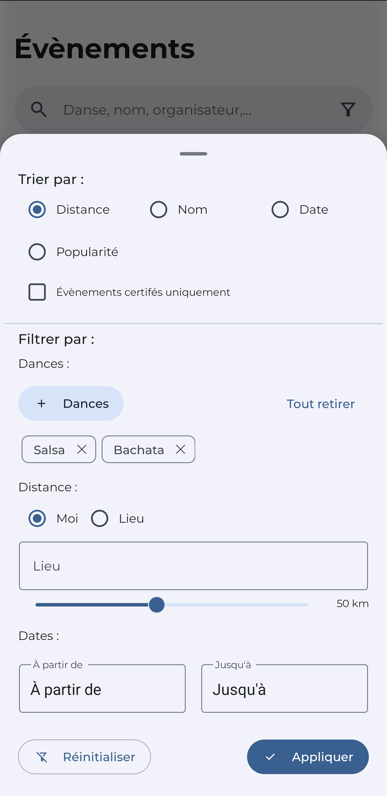 Filtres des événements